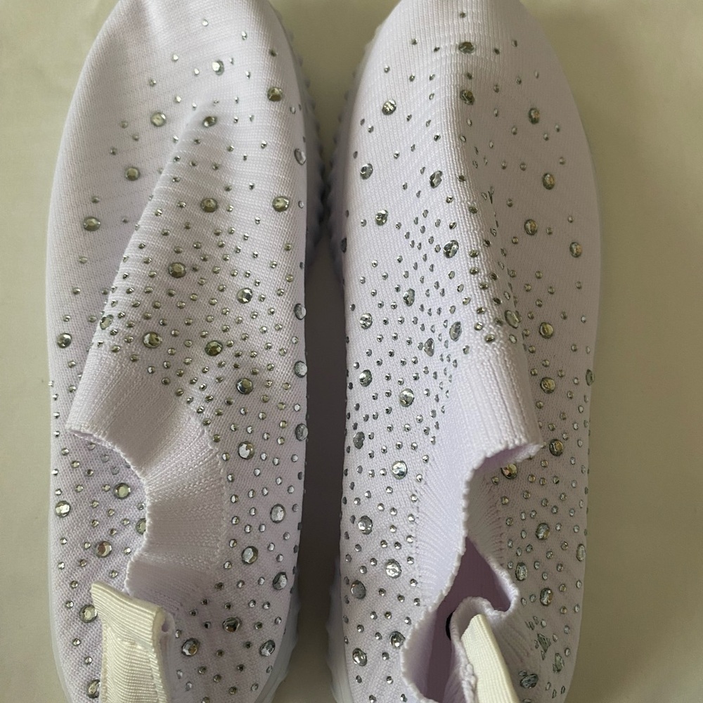Slip-On Women's Knit Sneakers with Silver Rhinestones - White